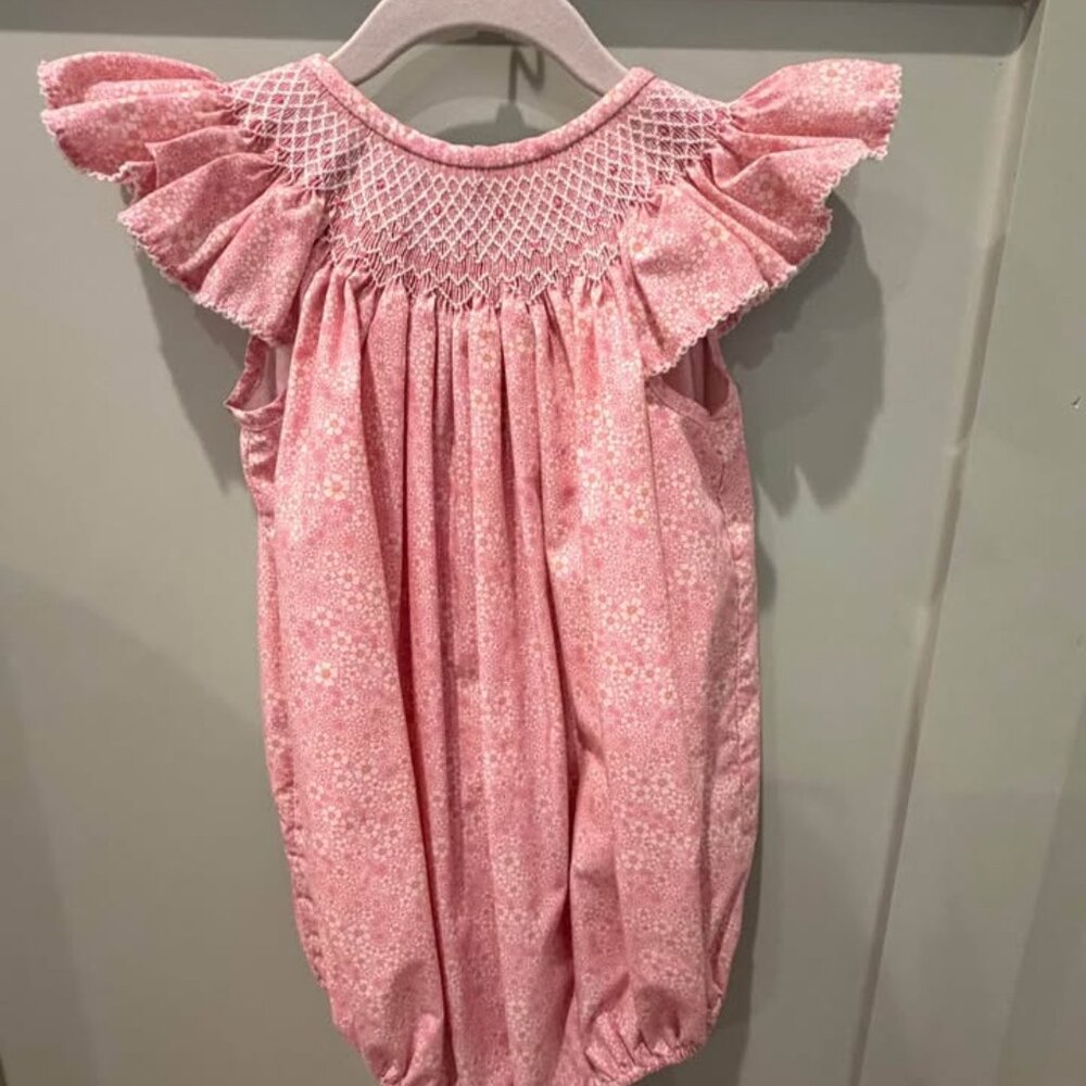Classic Whimsy 3T Pink Smocked Bubble Romper – Heirloom Floral Flutter Sleeve